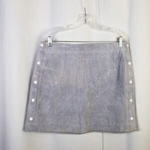 Mango MNG Grey Blue Suede Leather Mini Skirt Snap Button Detail Size L